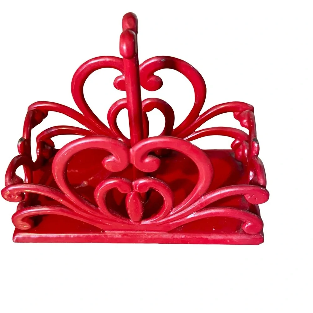 Red Heart Cast Iron Salt & Pepper Shaker Caddy Holder Farmhouse Kitchen Decor